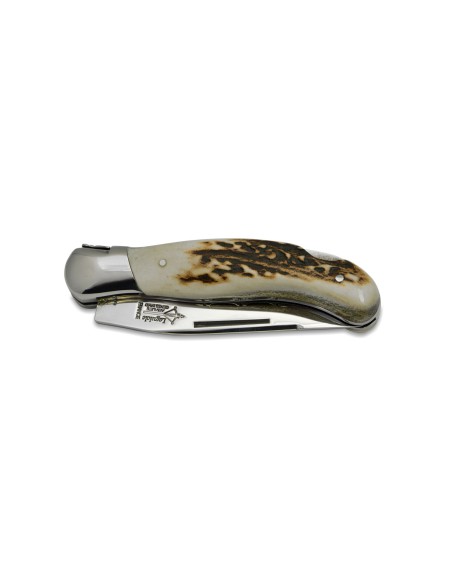 Laguiole pliant Grande Nature, doubles platines, manche en bois de cerf, finition brillant
