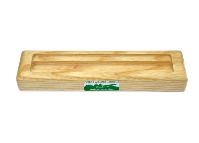 Pierre à aiguiser naturelle 2 grains avec socle en bois. Efficace pour touts types de couteaux (pliants et cuisine)