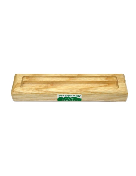 Pierre à aiguiser naturelle 2 grains avec socle en bois. Efficace pour touts types de couteaux (pliants et cuisine)