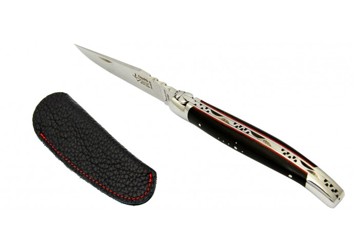 Pack Laguiole knife + black leather sheath, ebony with red vulcanized fiber handle, shiny finish