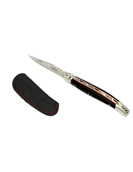 Pack Laguiole knife + black leather sheath, ebony with red vulcanized fiber handle, shiny finish