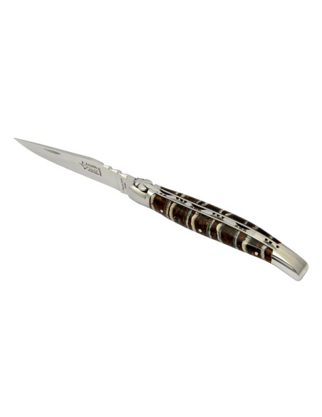 Laguiole pliant forgé 12 cm, lame seule, manche en molaire de mammouth marron foncé, finition brillant
