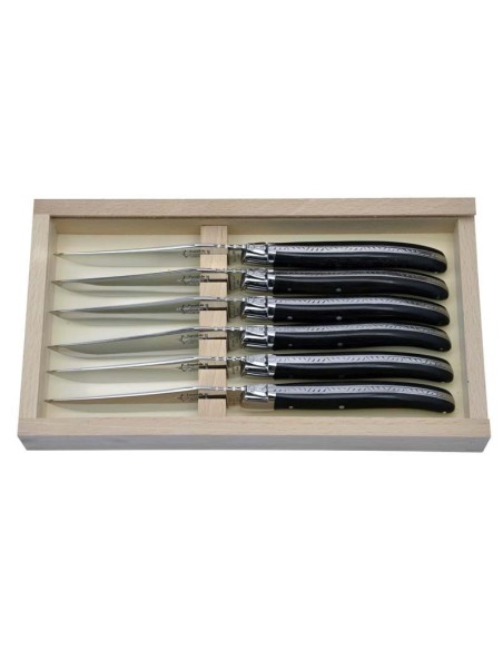 Box of 6 steak knives Laguiole Prestige, ebony wood handle, shiny finish