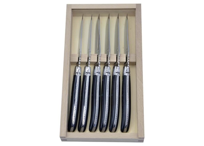Box of 6 steak knives Laguiole Prestige, ebony wood handle, shiny finish