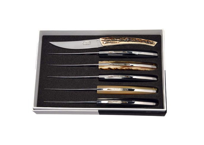 Coffret de 6 couteaux de table Le Thiers ® prestige, plein manche en pointe de corne variées, finition mat