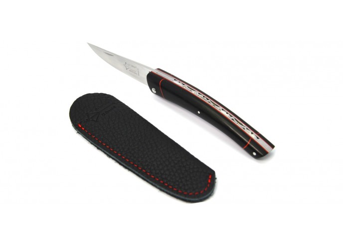 Le Thiers ® pack couteau + étui, manche en ébène 12 cm avec intercalaires rouges, finition brillant