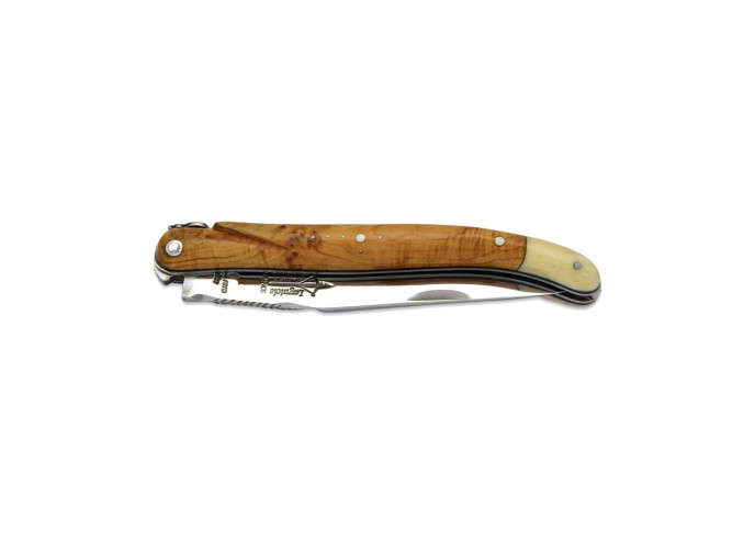 Laguiole pliant Forgé, manche en genévrier de 12 cm avec une fausse mitre en os, finition brillant