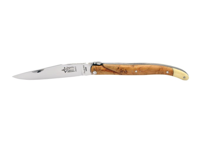 Laguiole pliant Forgé, manche en genévrier de 12 cm avec une fausse mitre en os, finition brillant