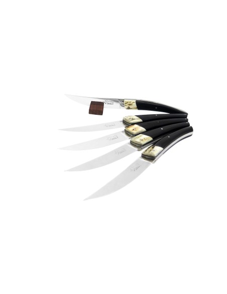 6 Le Thiers ® table knives, Black acrylic handle with fasle deer antler bolsters, shiny finish