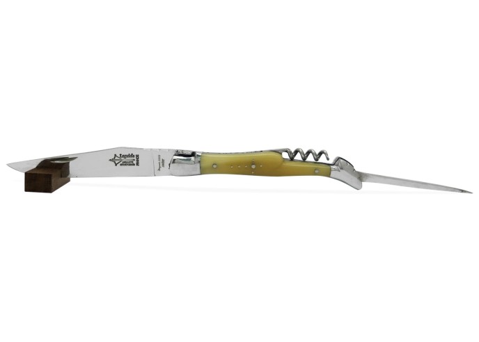 Laguiole pliant forgé 12 cm, lame et tire-bouchon et poinçon, manche en pointe de corne blonde, finition brillant