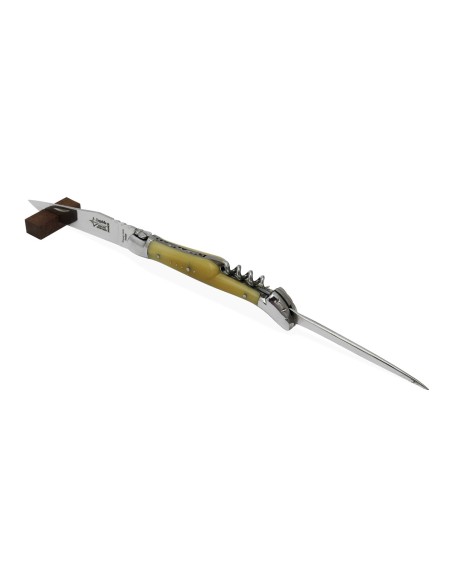 Laguiole pliant forgé 12 cm, lame et tire-bouchon et poinçon, manche en pointe de corne blonde, finition brillant