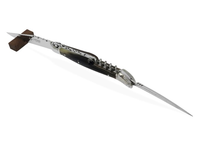Laguiole folding knife Forged 12 cm, blade & corkscrew & punch, dark horn  tip handle, shiny finish
