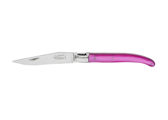 Laguiole folding knife for Ladies, 11 cm pink pearl acrylic handle, shiny finish