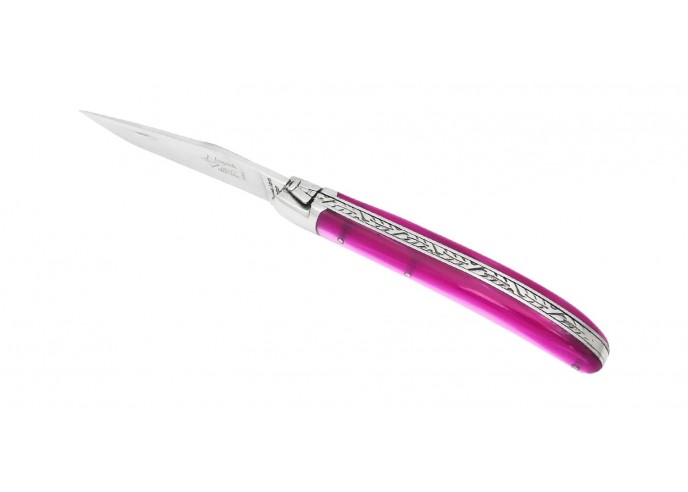 Laguiole folding knife for Ladies, 11 cm pink pearl acrylic handle, shiny finish