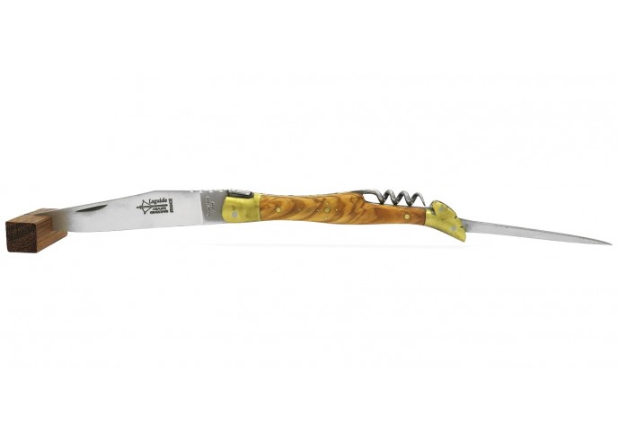 Laguiole folding knife Prestige, blade, corkscrew & punch, 12 cm olive wood handle, matt finish