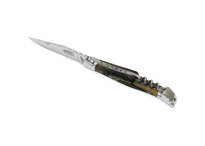 Laguiole pliant forgé 12 cm, lame et tire-bouchon, manche en bélier, finition brillant