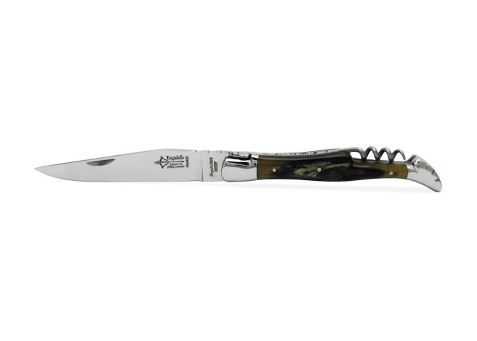 Laguiole pliant forgé 12 cm, lame et tire-bouchon, manche en bélier avec croûte, finition brillant