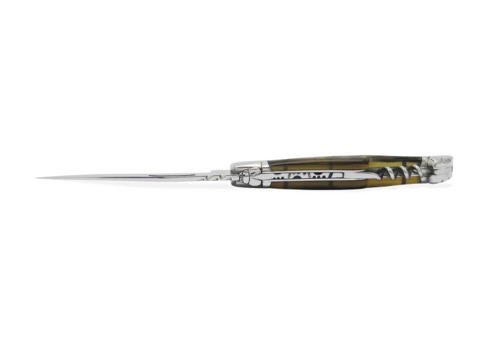 Laguiole pliant forgé 12 cm, lame et tire-bouchon, manche en bélier avec croûte, finition brillant