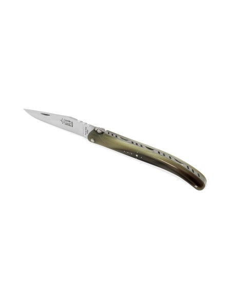 Laguiole pliant Forgé, plein manche en pointe de corne blonde de 12 cm, finition brillant