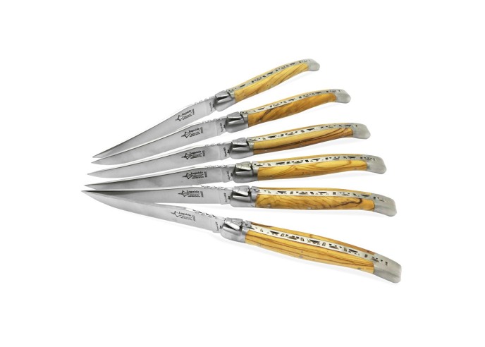 Box of 6 steak knives Laguiole Prestige, olive wood handle, 2 bolsters with matt finish