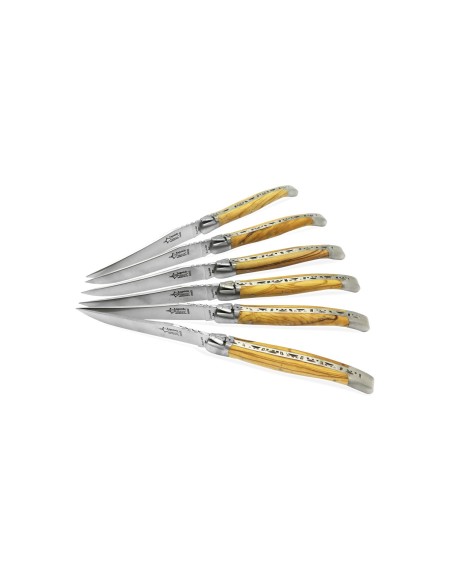 Box of 6 steak knives Laguiole Prestige, olive wood handle, 2 bolsters with matt finish