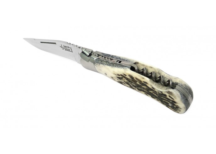 Laguiole folding knife Grande Nature Prestige, blade & corkscrew, deer antlers handle, shiny finish