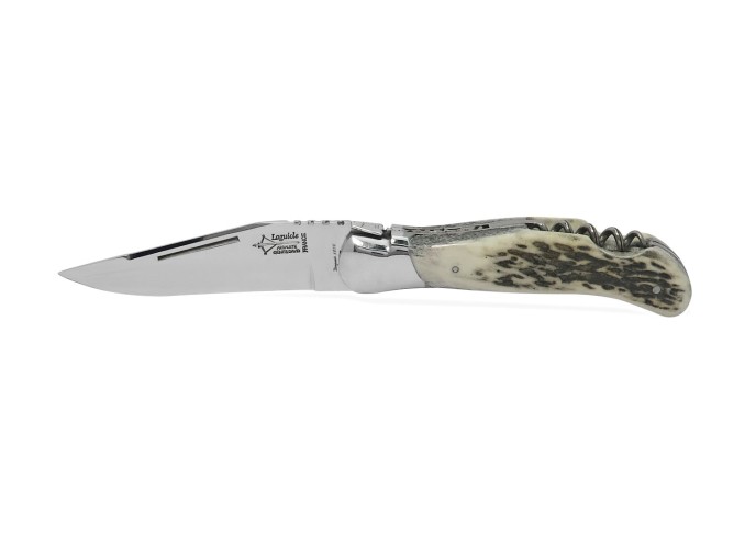 Laguiole folding knife Grande Nature Prestige, blade & corkscrew, deer antlers handle, shiny finish