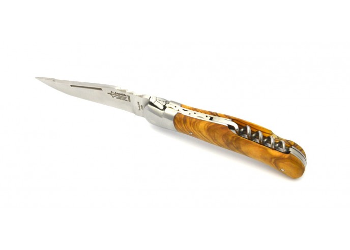 Laguiole folding knife Grande Nature Prestige, blade & corkscrew, olive wood handle, matt finish