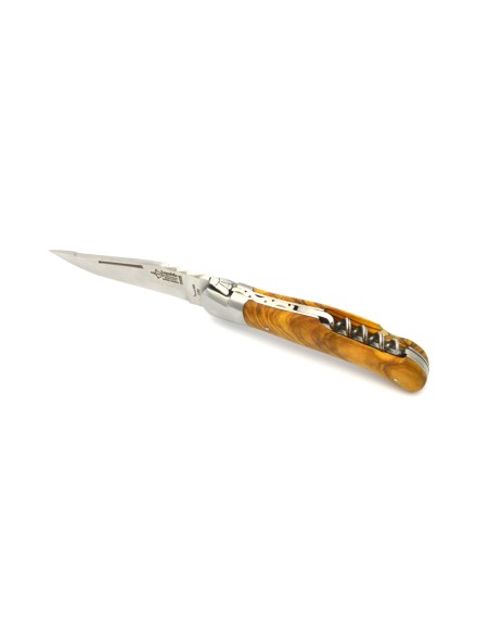 Laguiole folding knife Grande Nature Prestige, blade & corkscrew, olive wood handle, matt finish