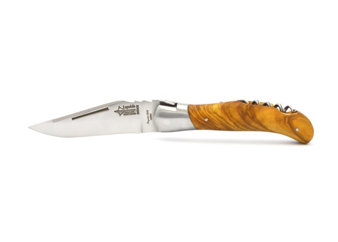 Laguiole folding knife Grande Nature Prestige, blade & corkscrew, olive wood handle, matt finish