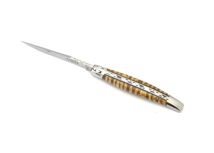 Laguiole pliant Forgé  manche en Molaire de Mammouth Marron 12 cm