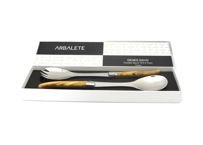 Service à salade Laguiole, manche en olivier, finition mat