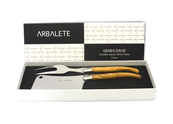 Service à fromage Laguiole, couperet & fourchette, manche en olivier, finition mat