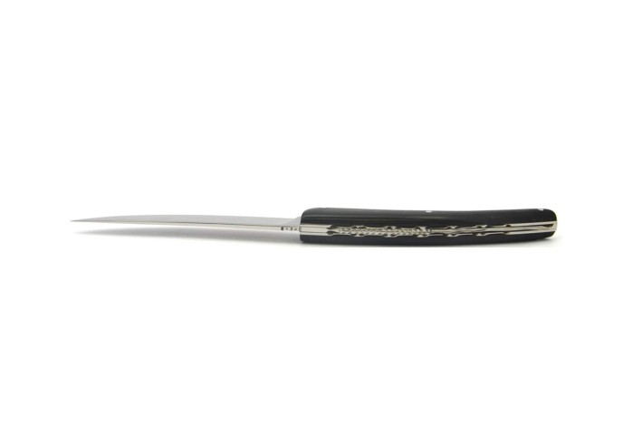 Coffret de 6 couteaux de table Le Thiers ® ciselés, plein manche en buffle noir, finition brillant