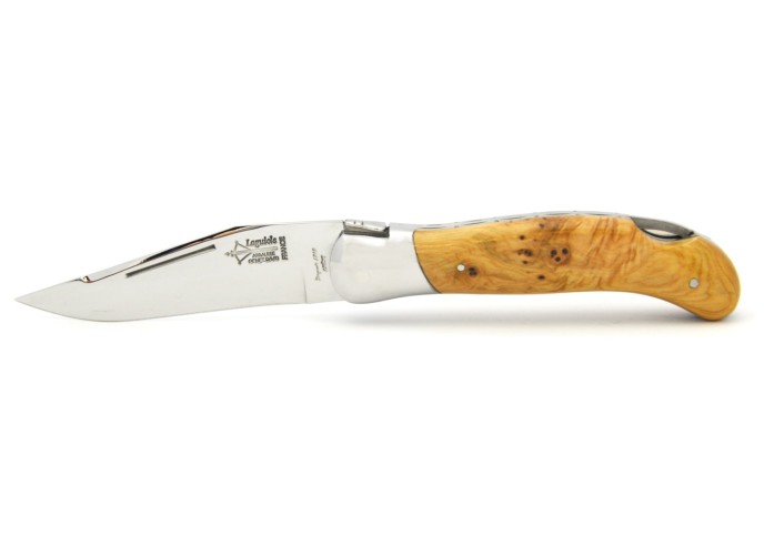 Laguiole folding knife Grande Nature, double plates, 12 cm juniper wood handle, matt finish