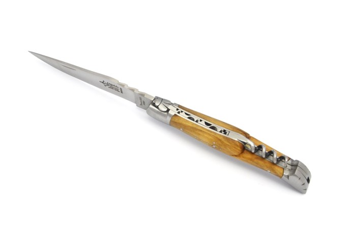 Laguiole pliant forgé 12 cm, lame et tire-bouchon et poinçon, manche en olivier, finition mat