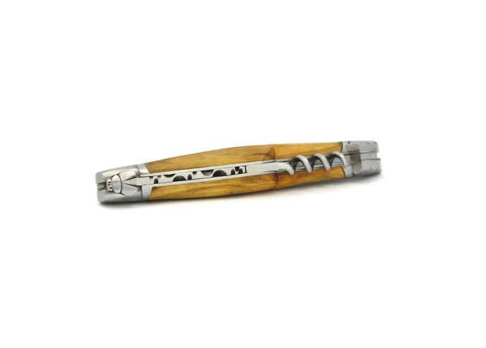 Laguiole pliant forgé 12 cm, lame et tire-bouchon et poinçon, manche en olivier, finition mat