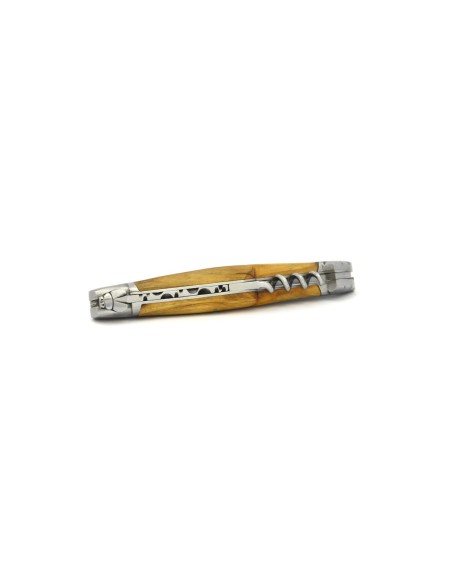Laguiole pliant forgé 12 cm, lame et tire-bouchon et poinçon, manche en olivier, finition mat