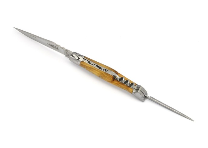 Laguiole pliant forgé 12 cm, lame et tire-bouchon et poinçon, manche en olivier, finition mat