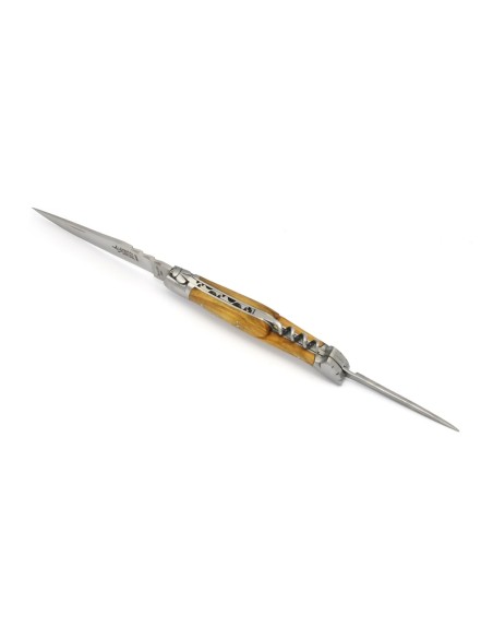 Laguiole pliant forgé 12 cm, lame et tire-bouchon et poinçon, manche en olivier, finition mat