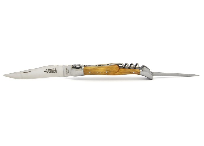 Laguiole pliant forgé 12 cm, lame et tire-bouchon et poinçon, manche en olivier, finition mat