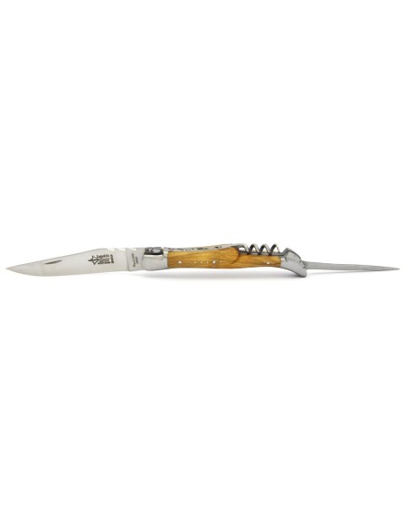 Laguiole pliant forgé 12 cm, lame et tire-bouchon et poinçon, manche en olivier, finition mat
