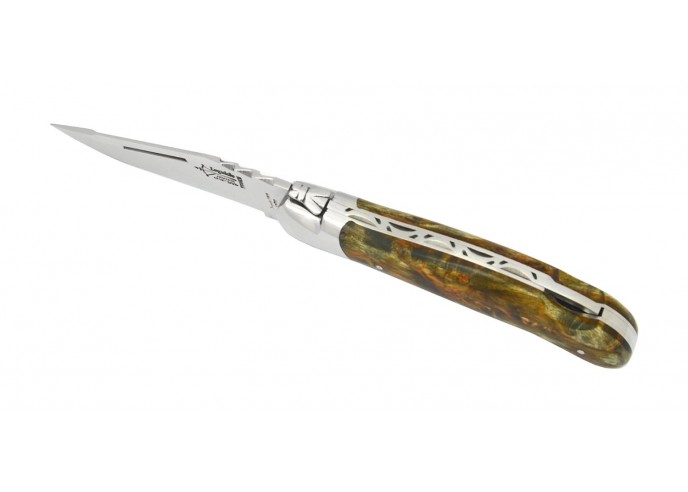 Laguiole folding knife Grande Nature Prestige, 12 cm green stabilized birch handle, shiny finish