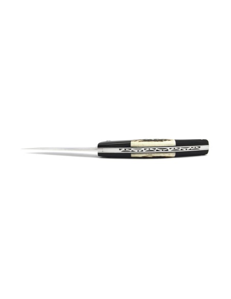 Le Thiers ® pliant, guilloché main, manche en buffle et bois de cerf de 12 cm, finition brillant