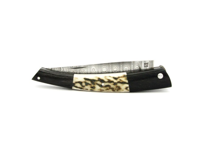 Le Thiers ® lame Damas, manche en buffle et bois de cerf de 12 cm, finition brillant