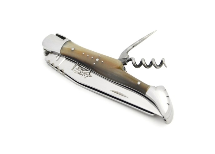 Laguiole horse rider folding knife, blond horn tip handle, shiny finish