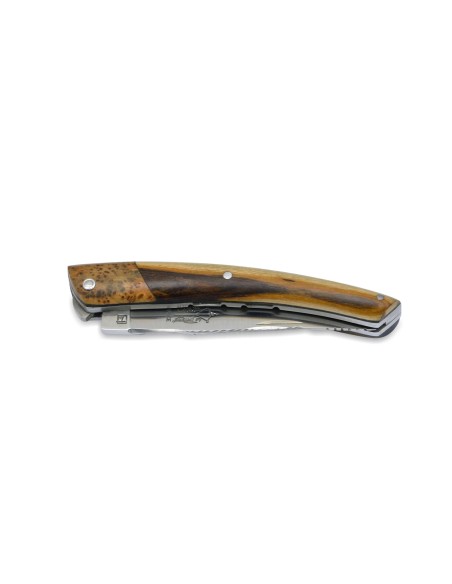 Le Thiers ® pliant fausse mitre en genévrier, ciselé main, doubles platines, manche en pistachier de 12 cm