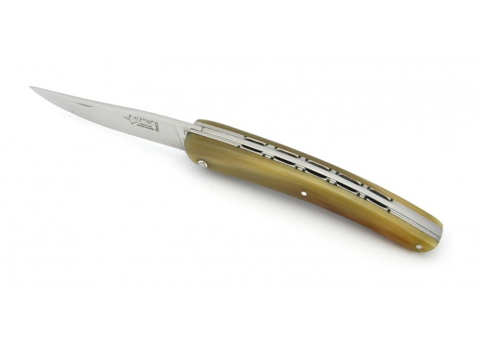 Le Thiers ® pliant Prestige, doubles platines, manche en pointe de corne blonde de 12 cm, finition brillant