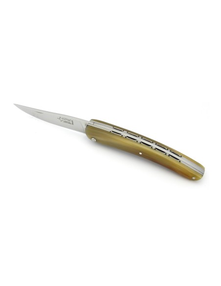 Le Thiers ® pliant Prestige, doubles platines, manche en pointe de corne blonde de 12 cm, finition brillant