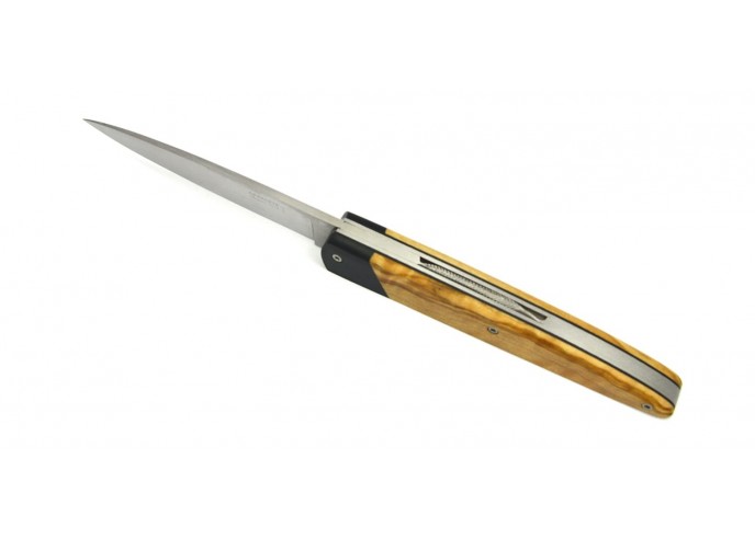 Arbalète knife, false Ebony bolster, full Olive wood handle of 12 cm, matt finish